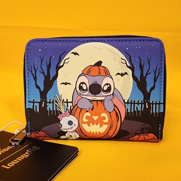 Loungefly Disney Lilo and Stitch Pumpkin Glow-In-The-Dark Halloween Zip Wallet - Picture 1 of 12